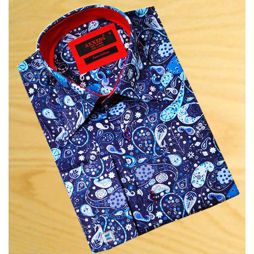 Axxess Navy Blue With Silver Grey / Turquoise / White Paisley 100% Cotton Dress Shirt 04-04